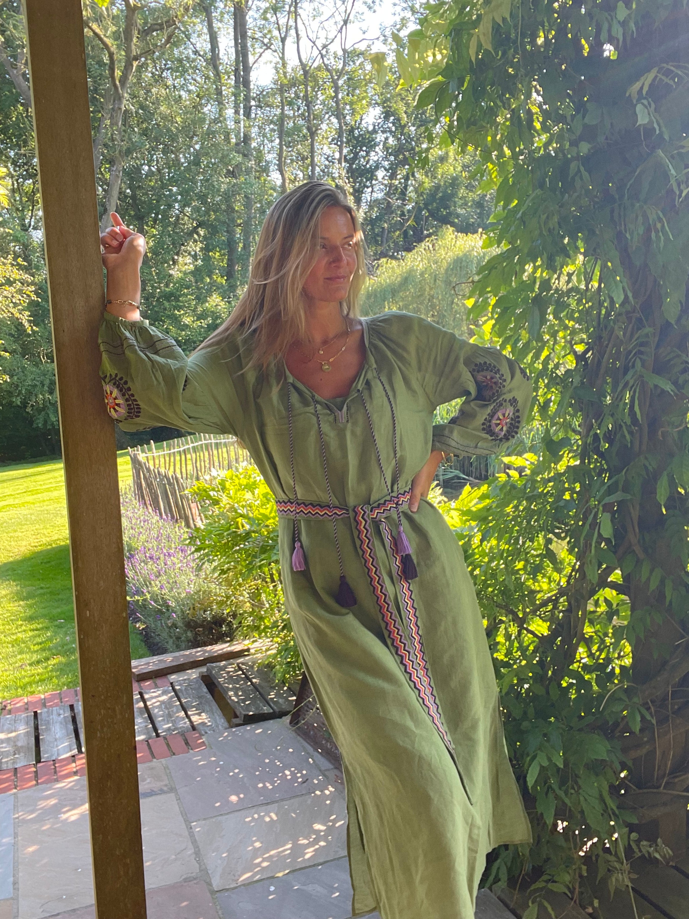 olive green cotton linen kaftan or dress with hand embroidery and belt tie benarus by citrus kaftan