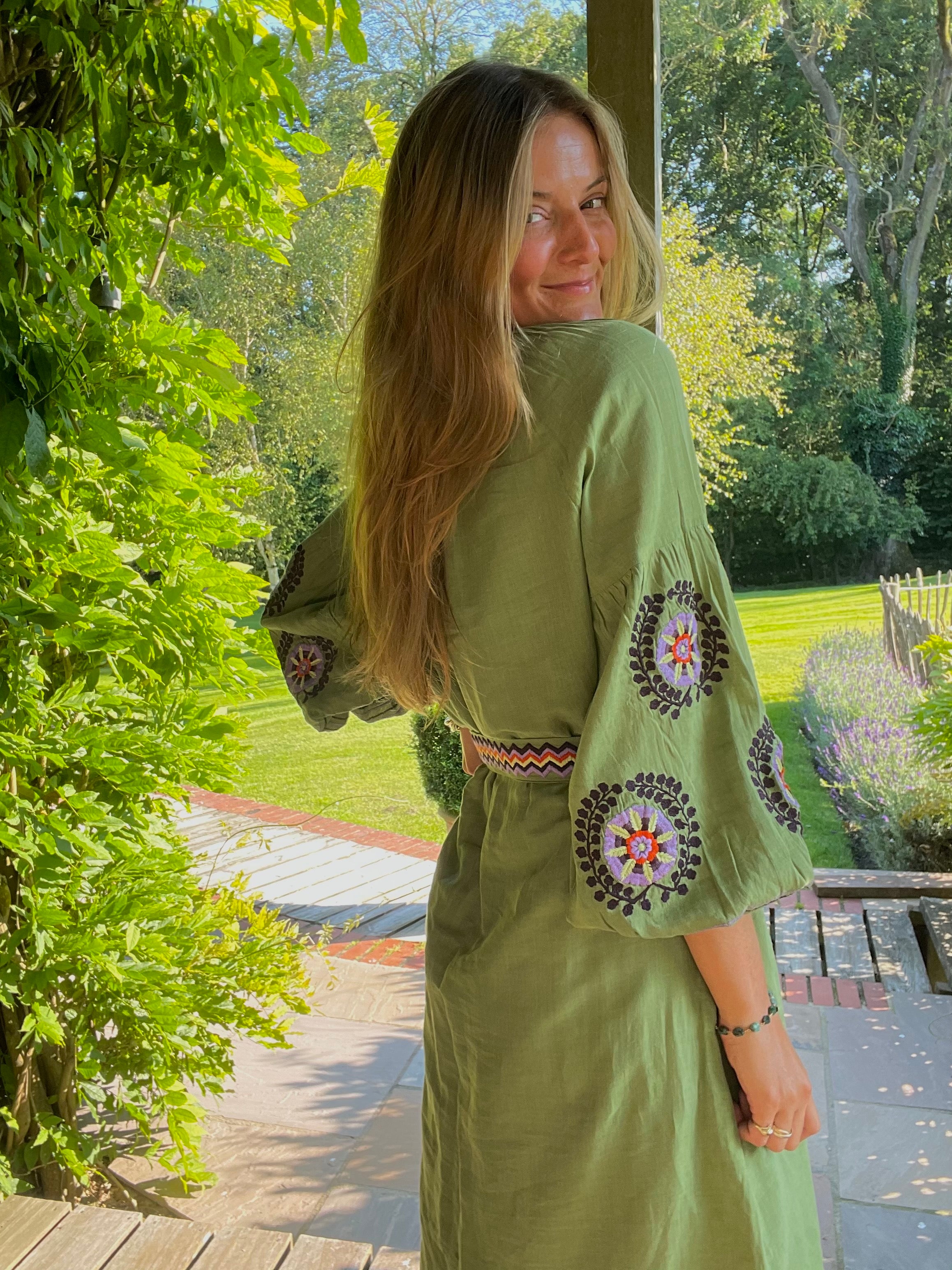 olive green cotton linen kaftan or dress with hand embroidery and belt tie benarus by citrus kaftan
