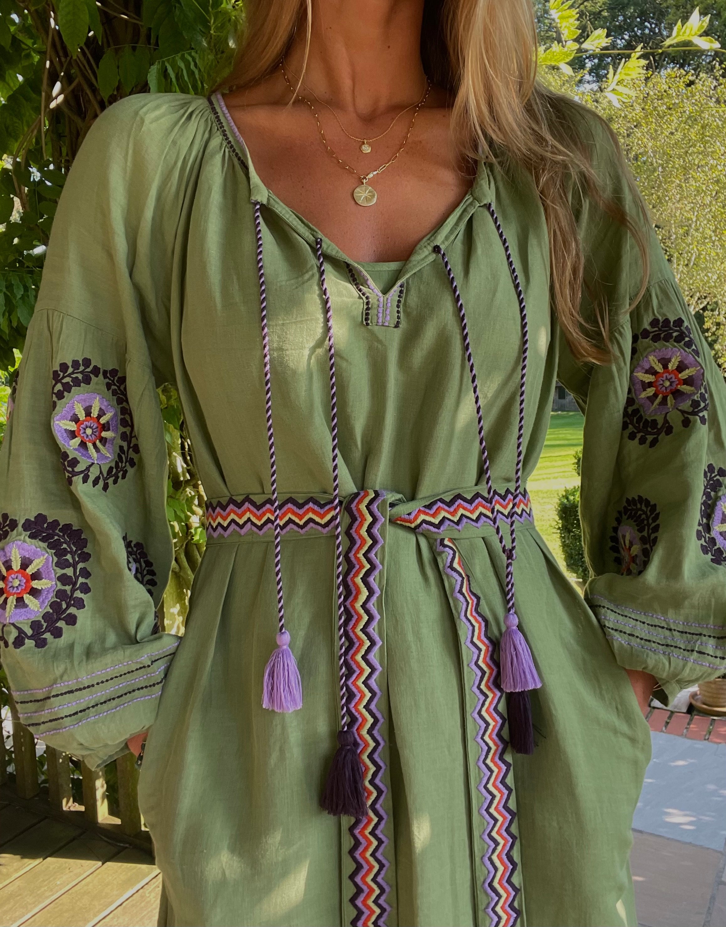 olive green cotton linen kaftan or dress with hand embroidery and belt tie benarus by citrus kaftan