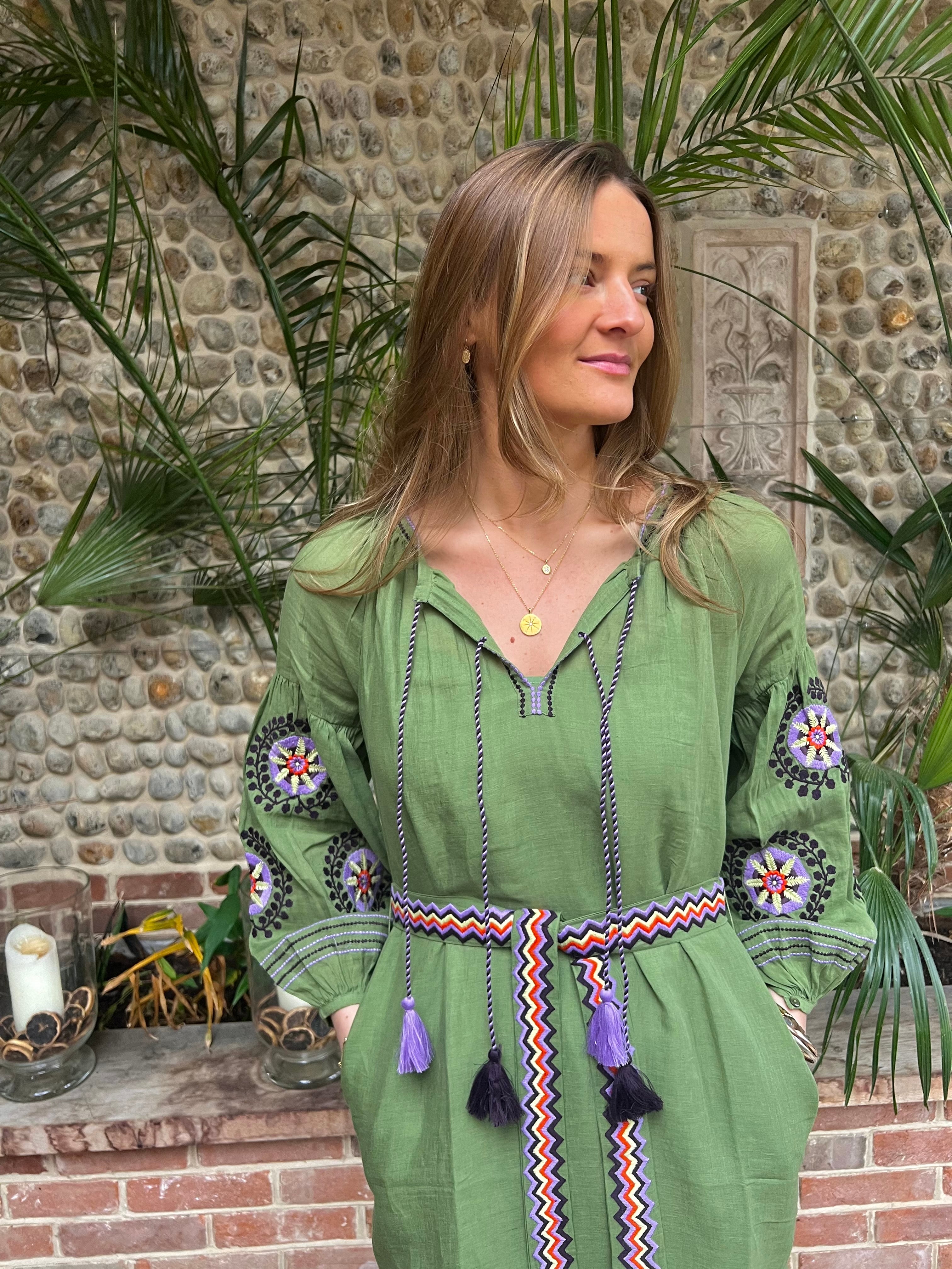olive green embroidered kaftan or dress with purple and red flower embroidery