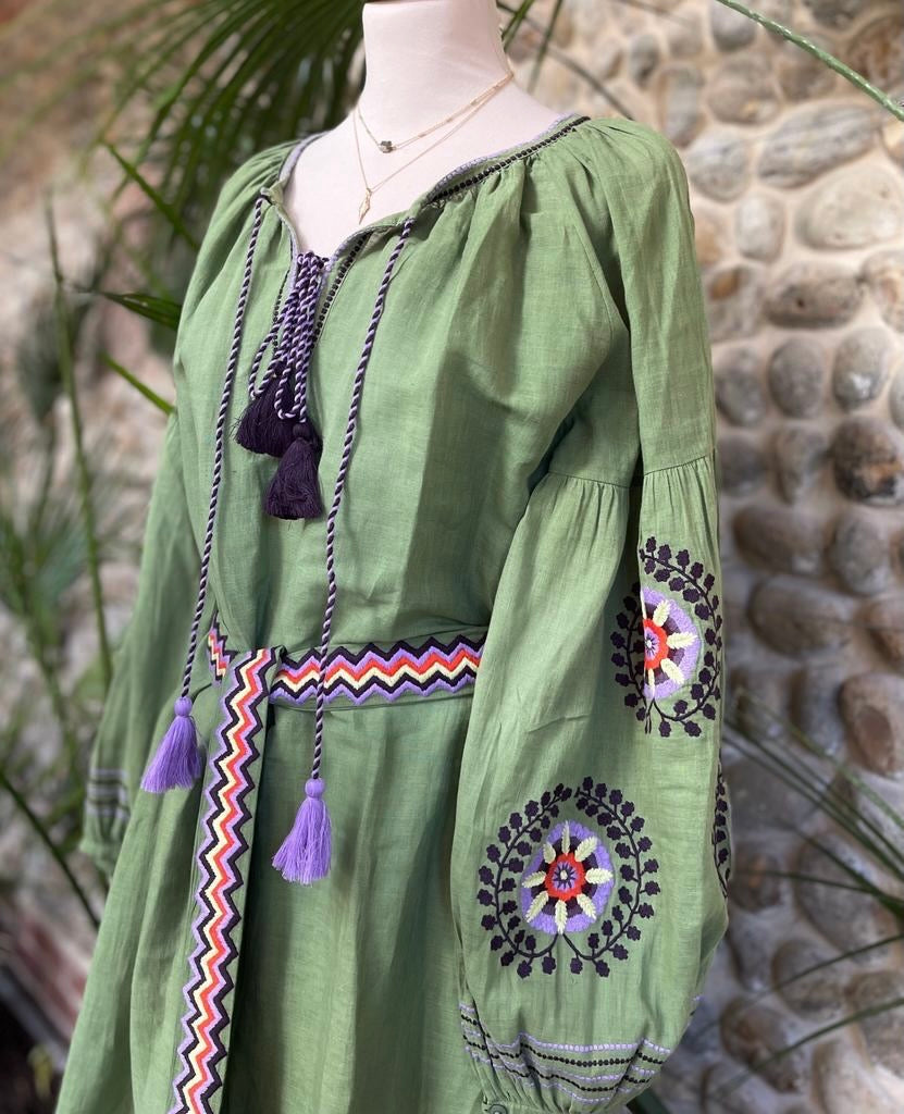 olive green embroidered kaftan or dress with purple and red flower embroidery