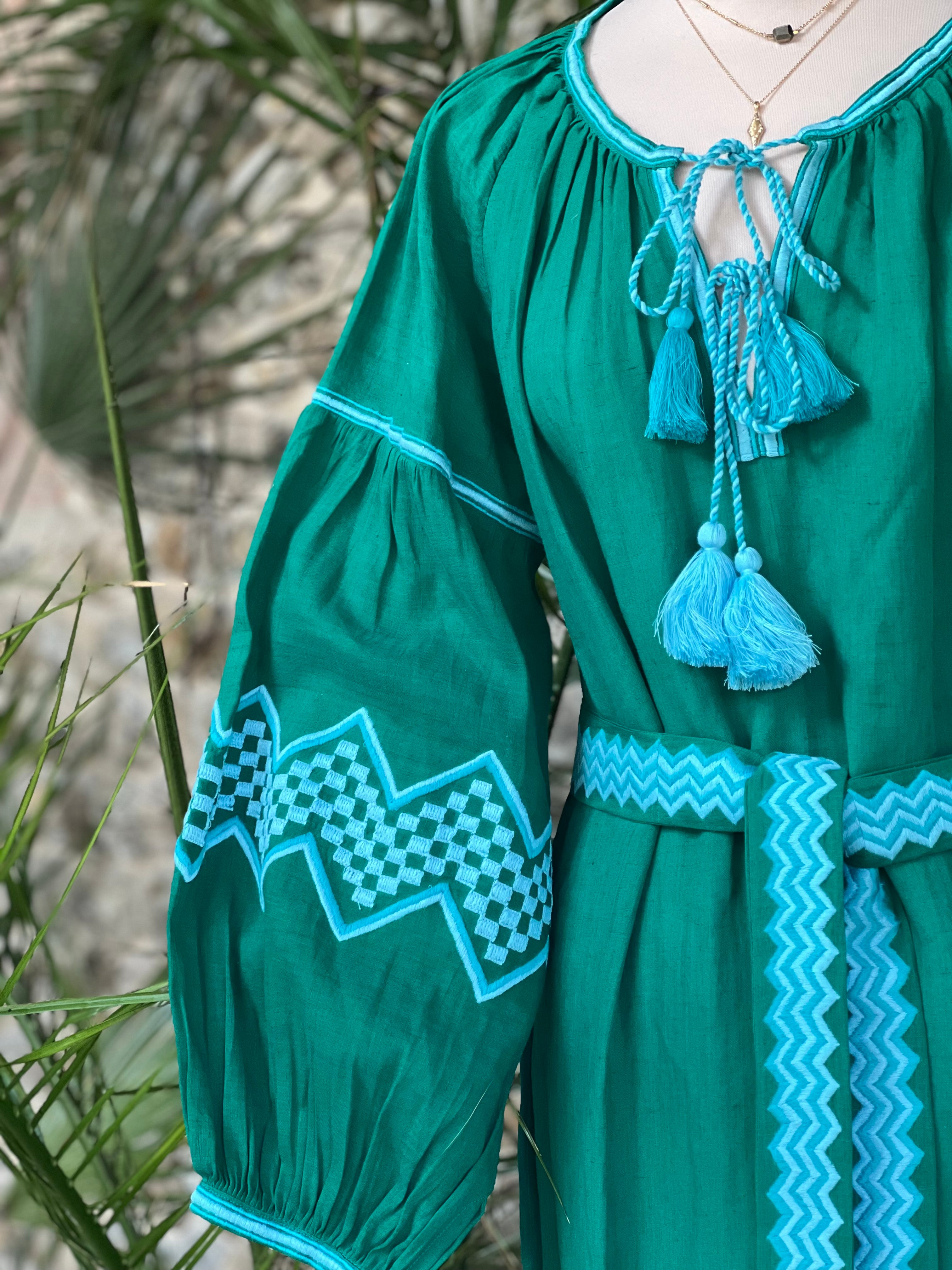 green blue kaftan or dress made from cotton and linen hand embroidered