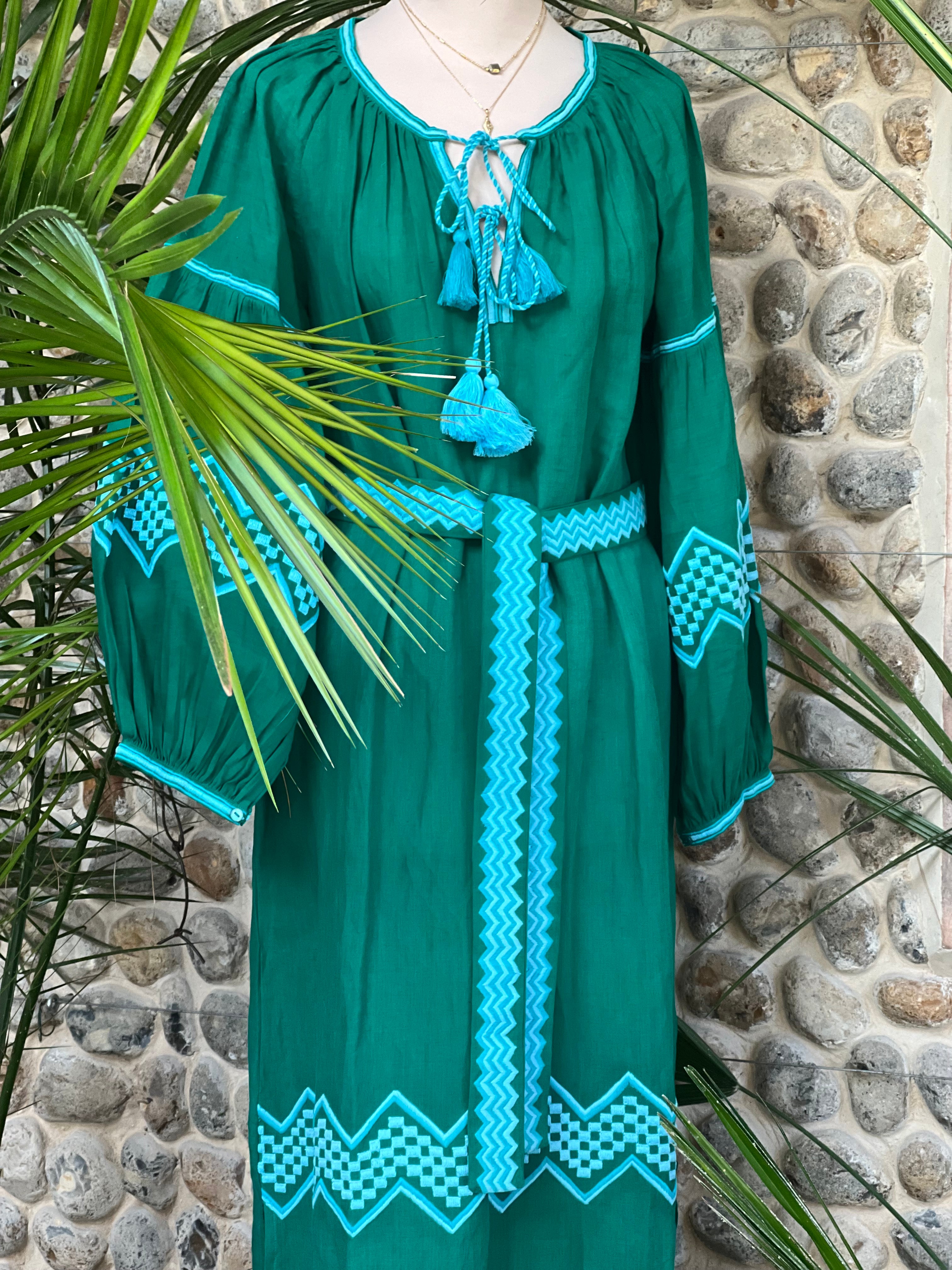 green blue kaftan or dress made from cotton and linen hand embroidered