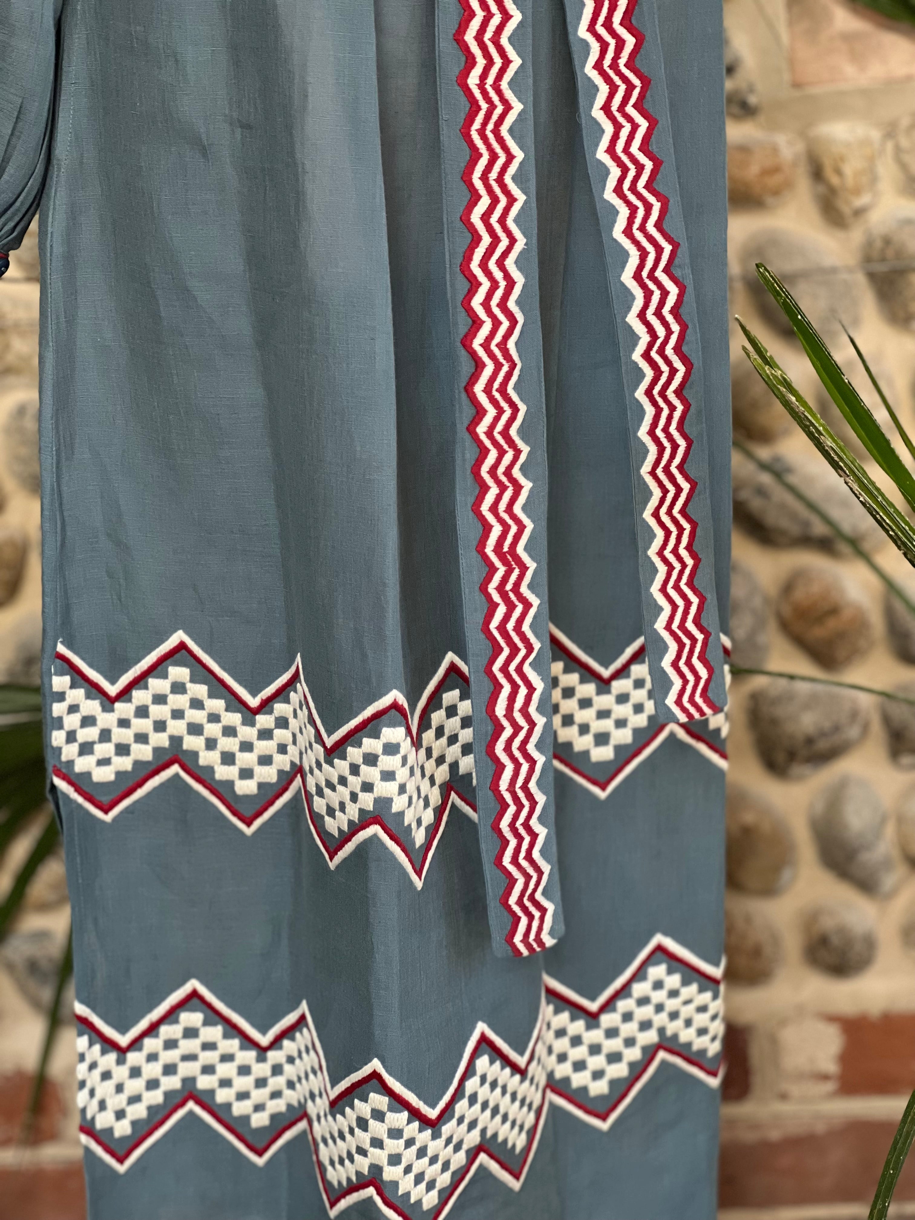 french blue with white and red embroidery kaftan or dress hand embroidered and made in india. made from cotton and linen