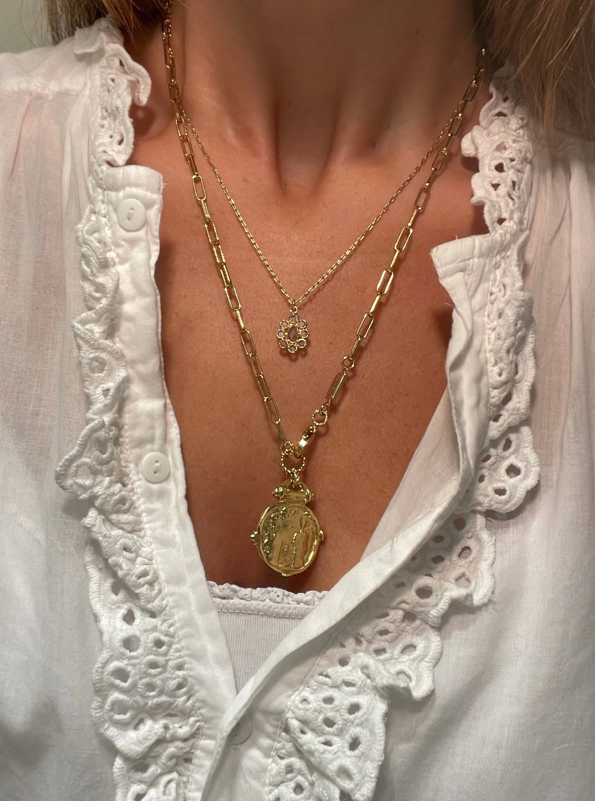 chunky statement necklace with chain and roman coin pendant by virginie berman little flower necklace for everyday jewellery