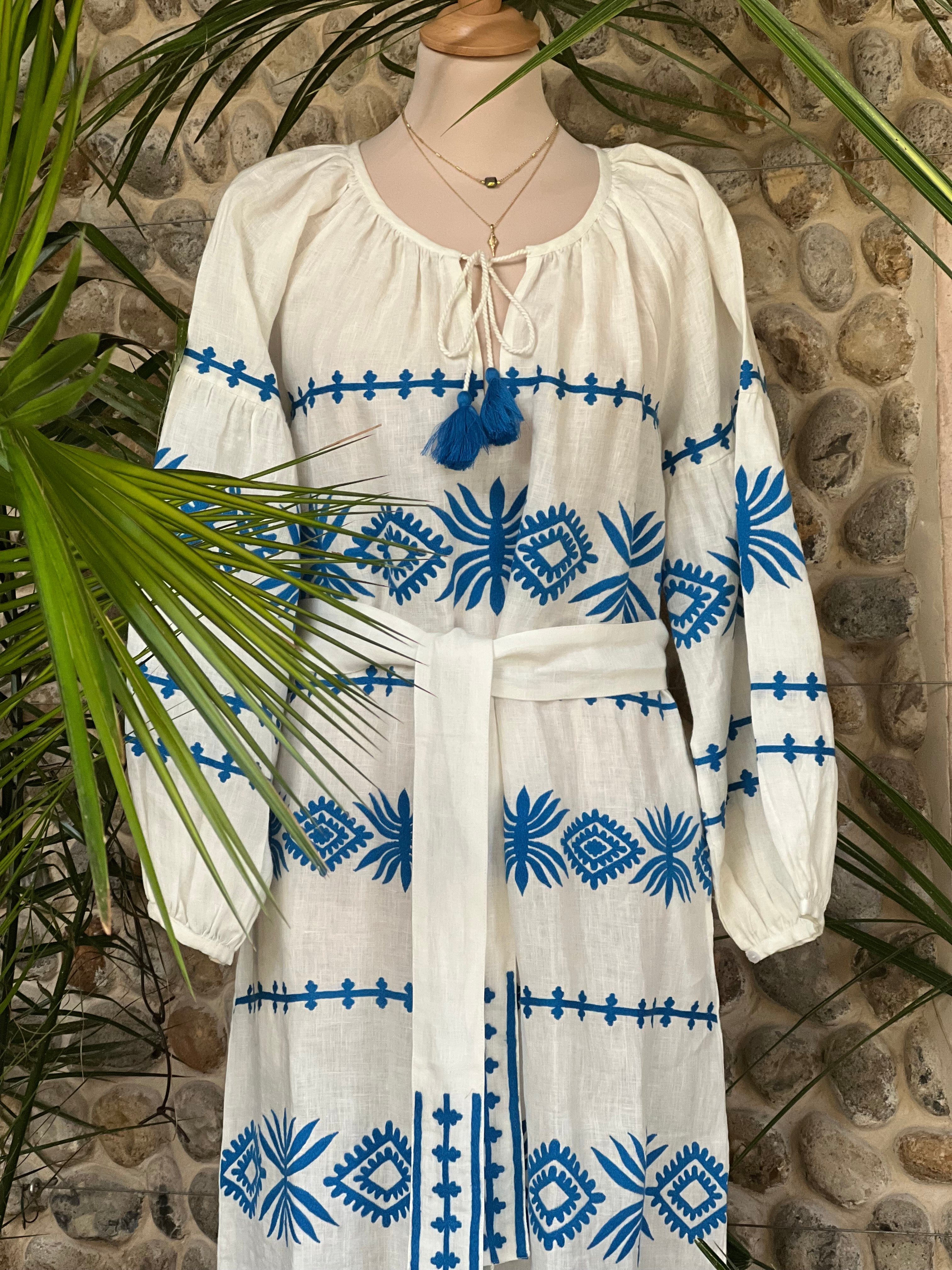 white and blue 100% linen kaftan hand embroidered and made in Indiastella veronica dress from benaras by citrus fashion blue and white linen kaftan