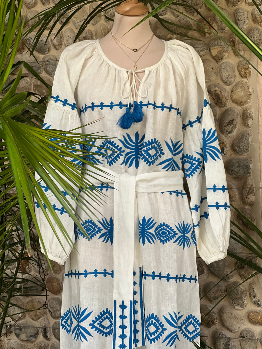 white and blue 100% linen kaftan hand embroidered and made in Indiastella veronica dress from benaras by citrus fashion blue and white linen kaftan