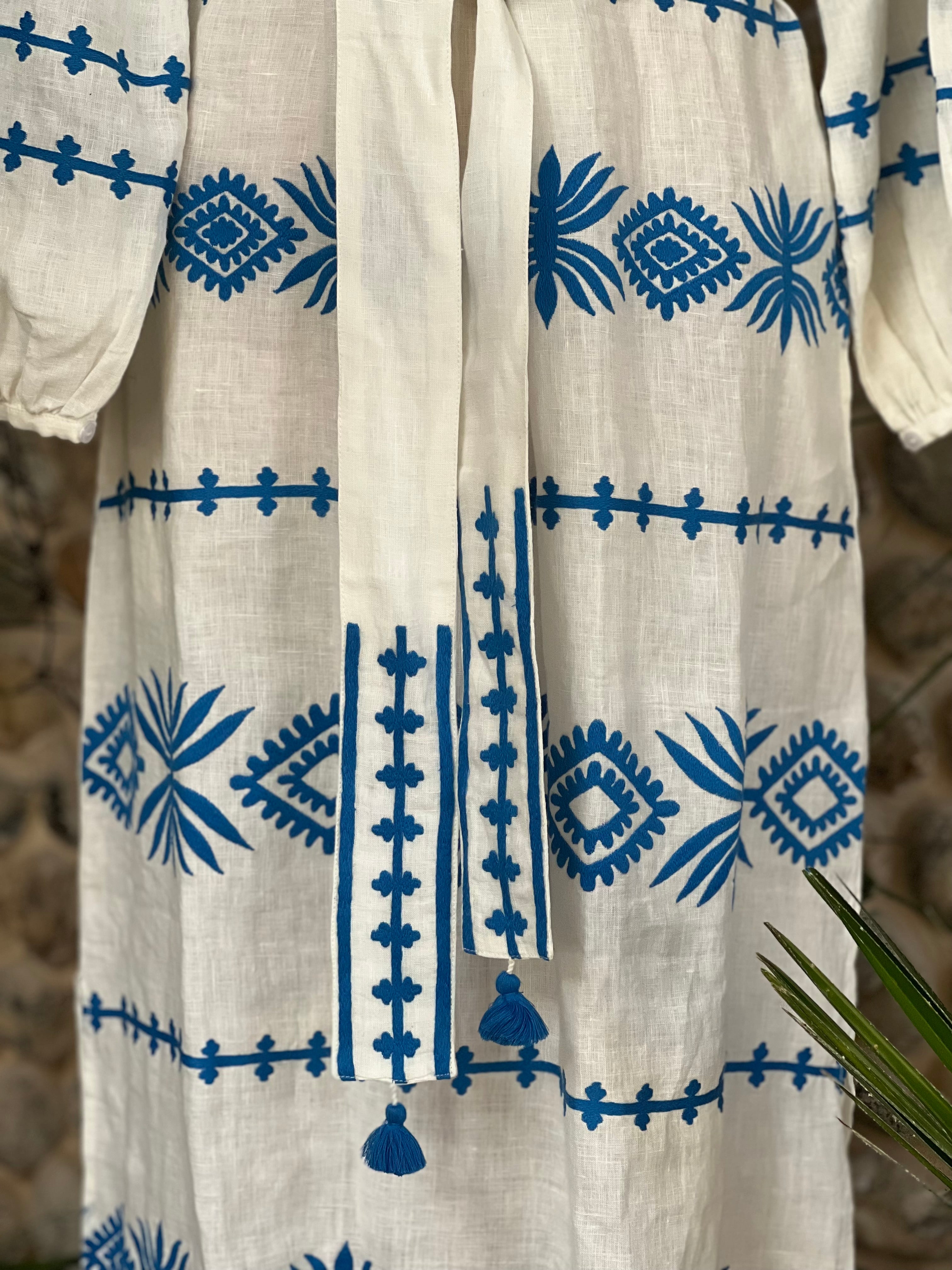 white and blue 100% linen kaftan hand embroidered and made in Indiastella veronica dress from benaras by citrus fashion blue and white linen kaftan