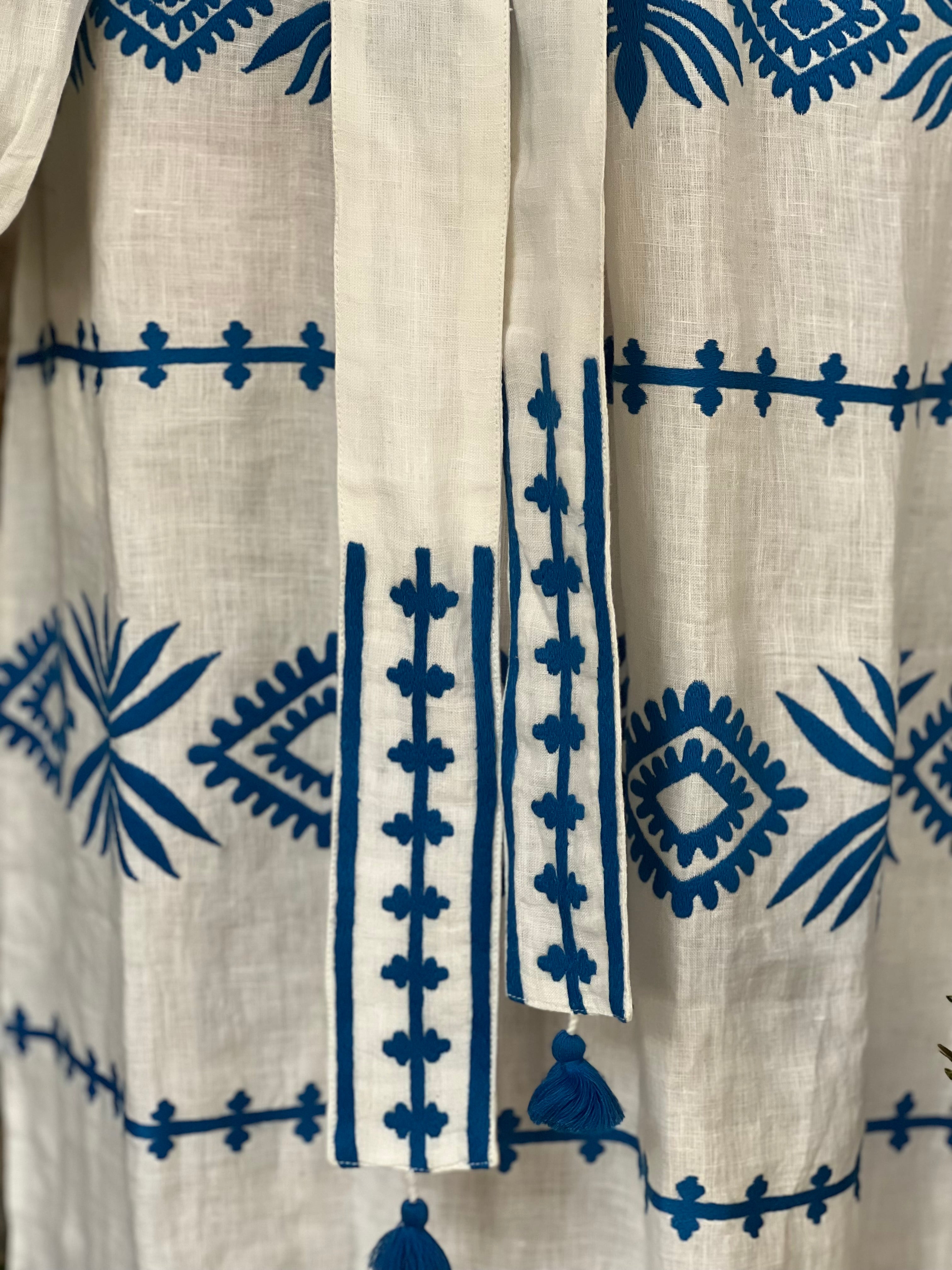 white and blue 100% linen kaftan hand embroidered and made in India