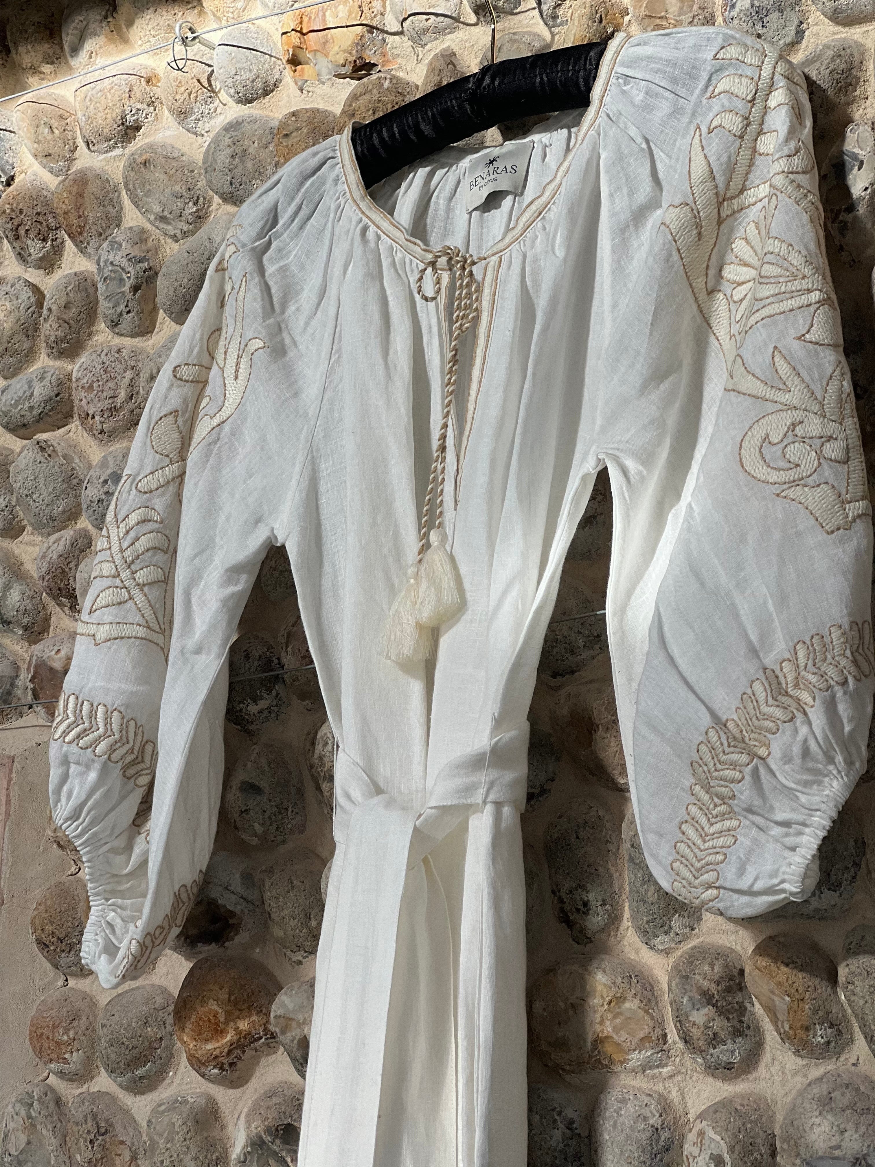 white and ecru 100% linen kaftan hand embroidered and made in India