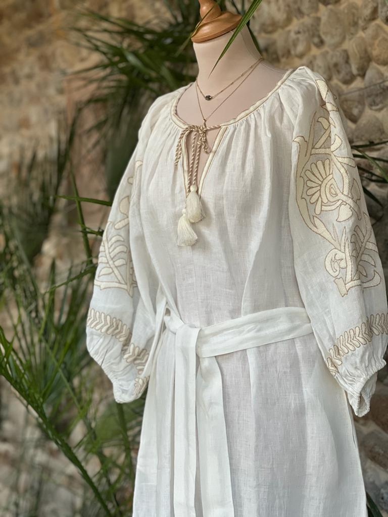 white and ecru 100% linen kaftan hand embroidered and made in India