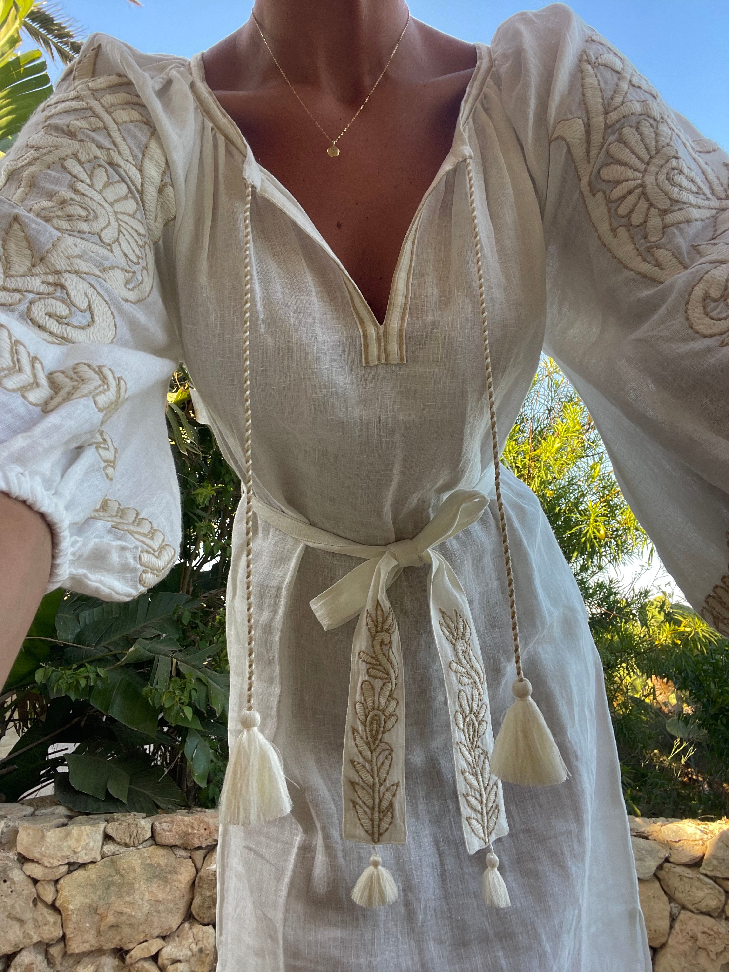 white and ecru 100% linen kaftan hand embroidered and made in India