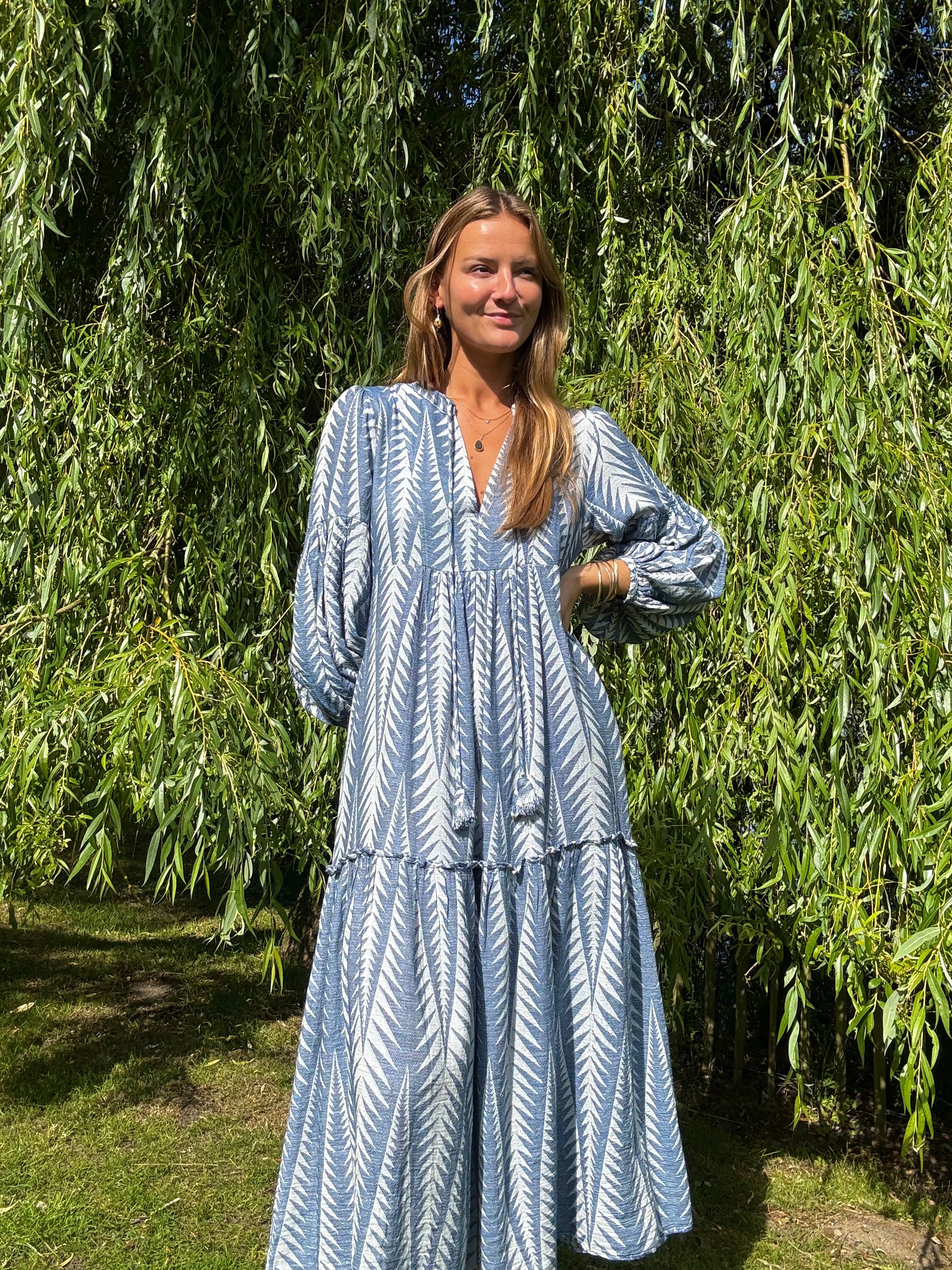 Woman wearing a blue and white patterned dress standing in front of green foliage.