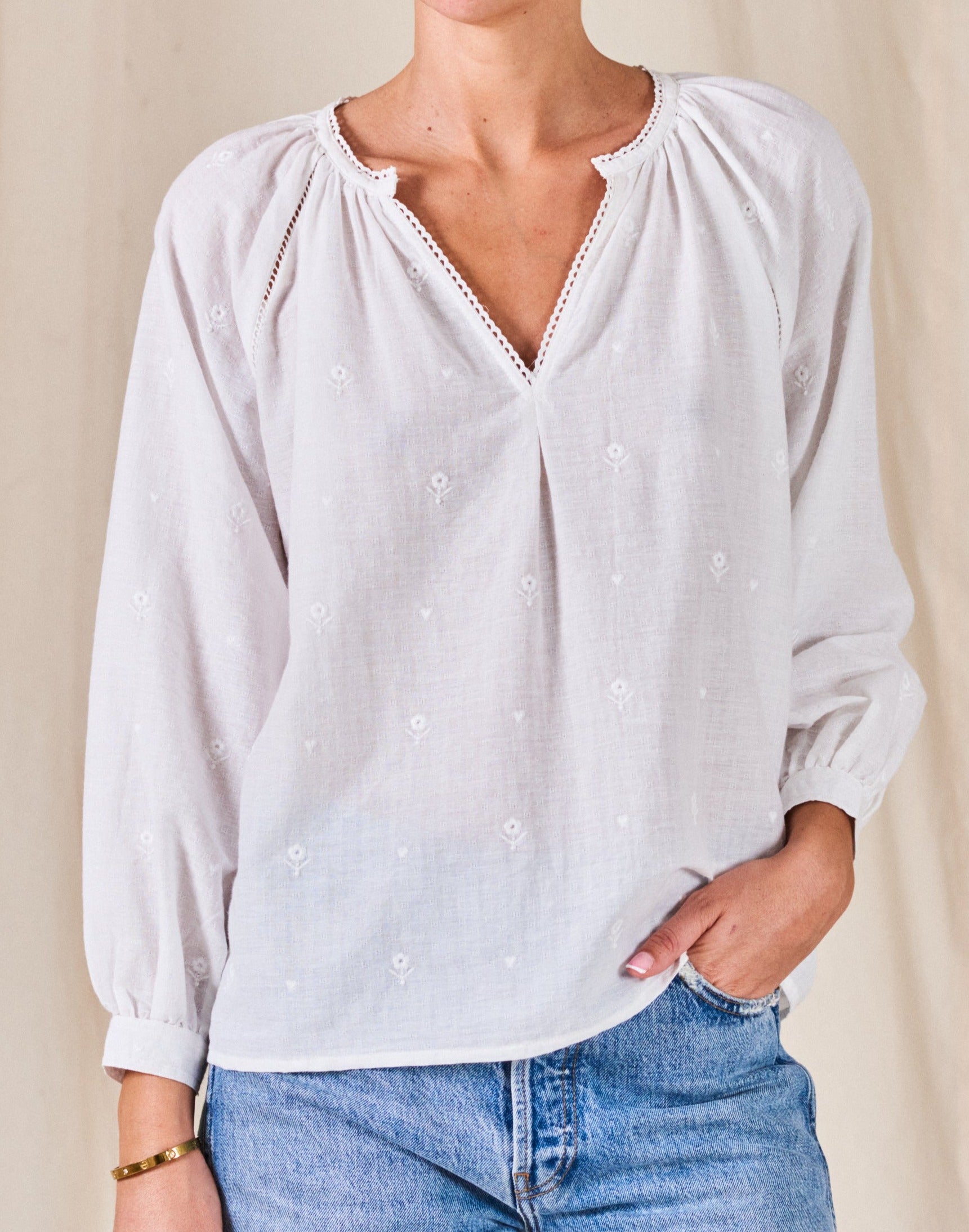 white cotton long sleeve top albi top in white MABE