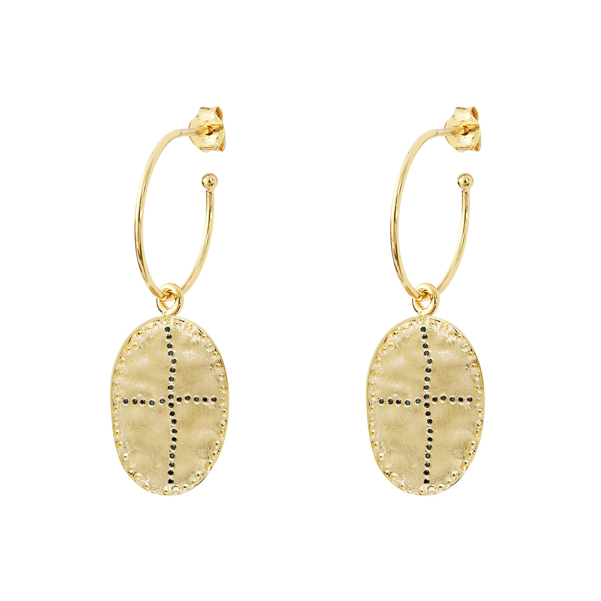 gold plated hoop earrings with bazile pendant louise hendricks bazile earrings in black