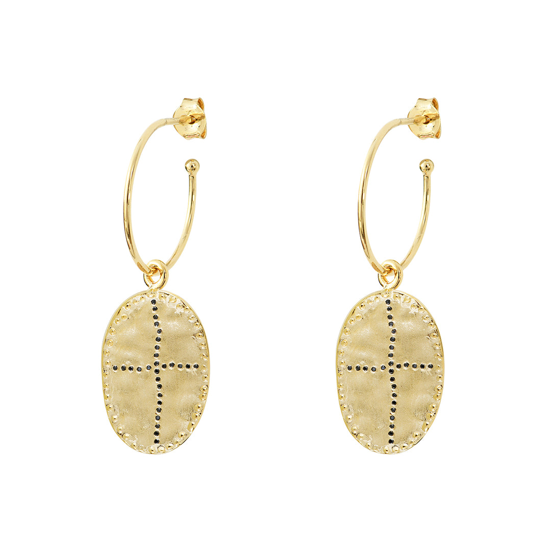 gold plated hoop earrings with bazile pendant louise hendricks bazile earrings in black