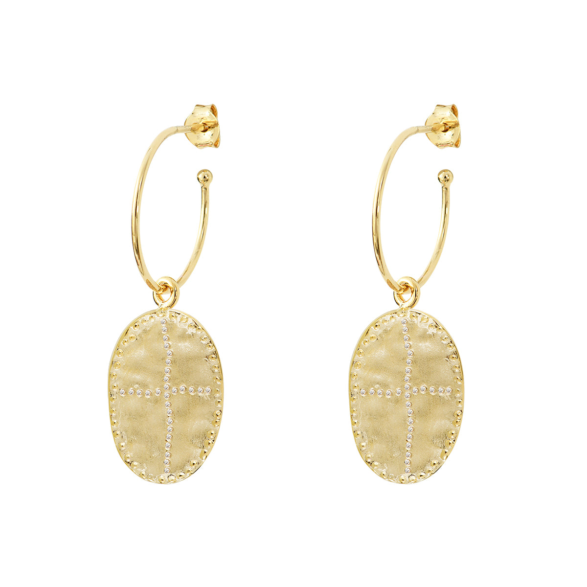 gold plated hoop earrings with bazile pendant louise hendricks bazile earrings in white