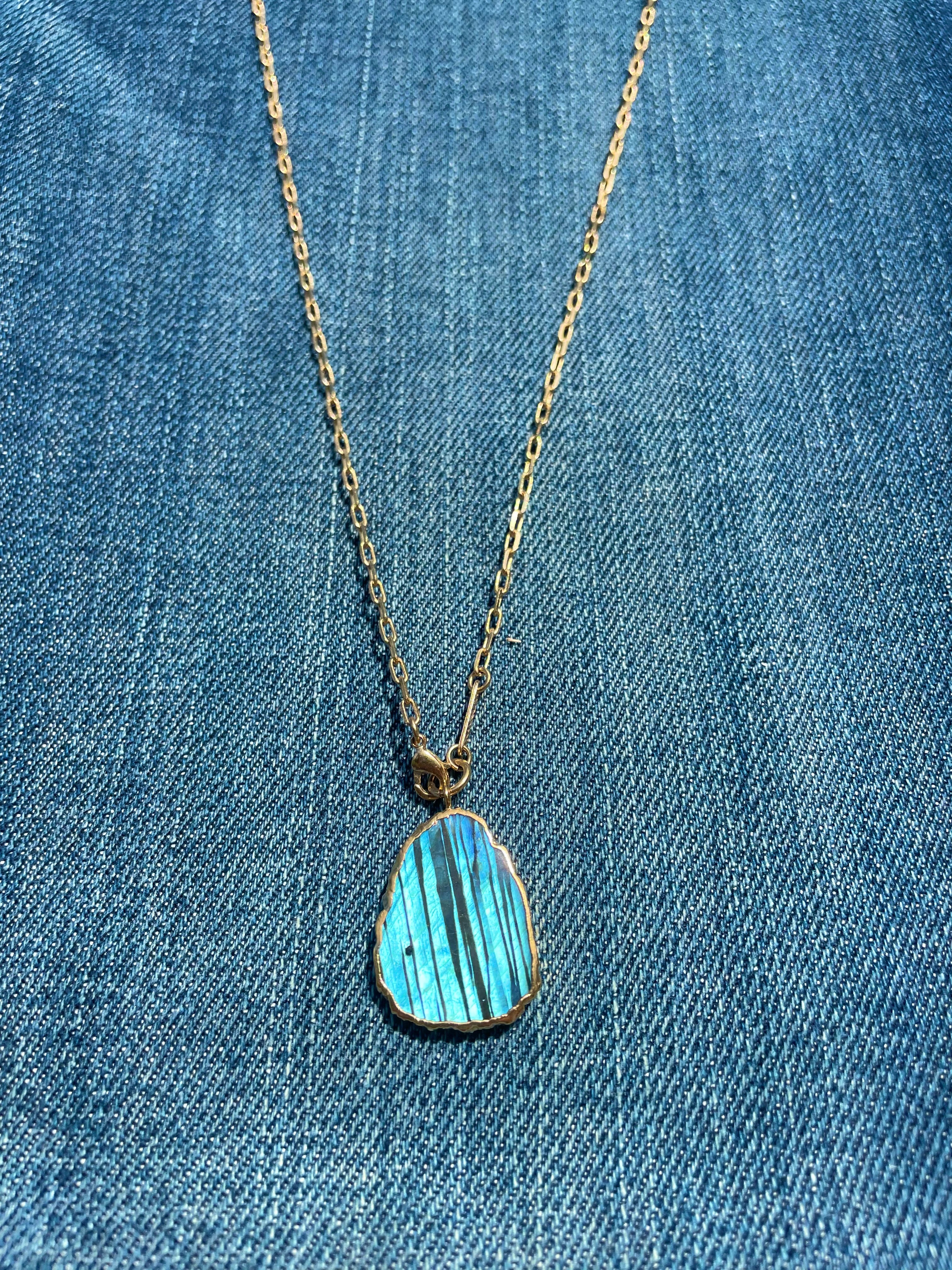 long gold plated necklace with labradorite stone