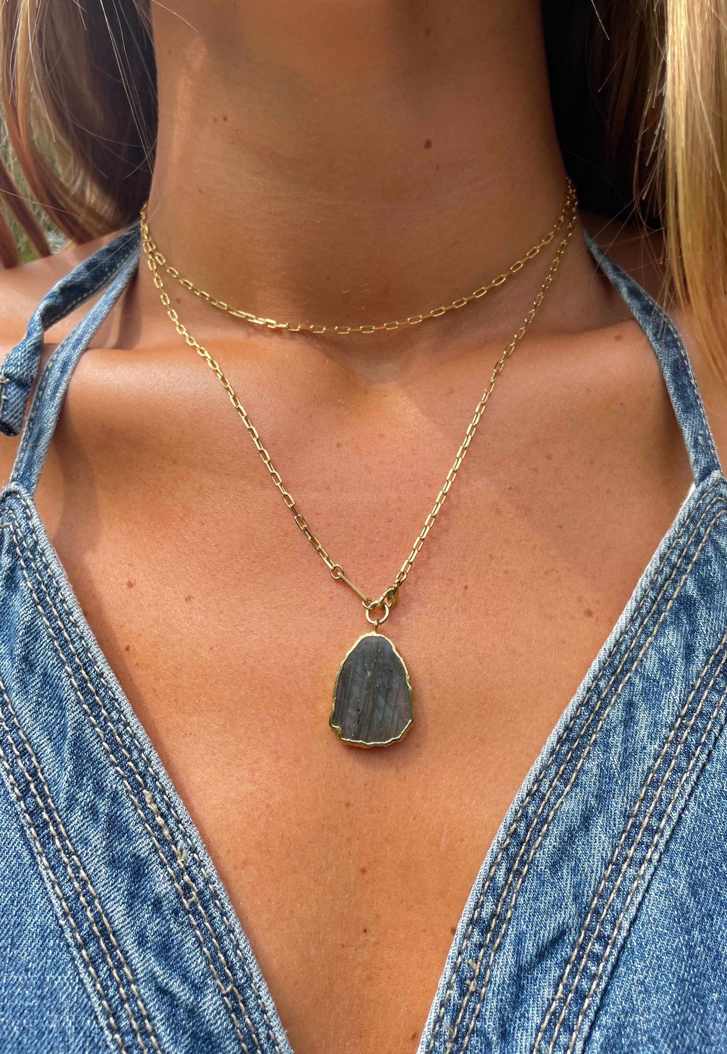 long gold plated necklace with labradorite stone