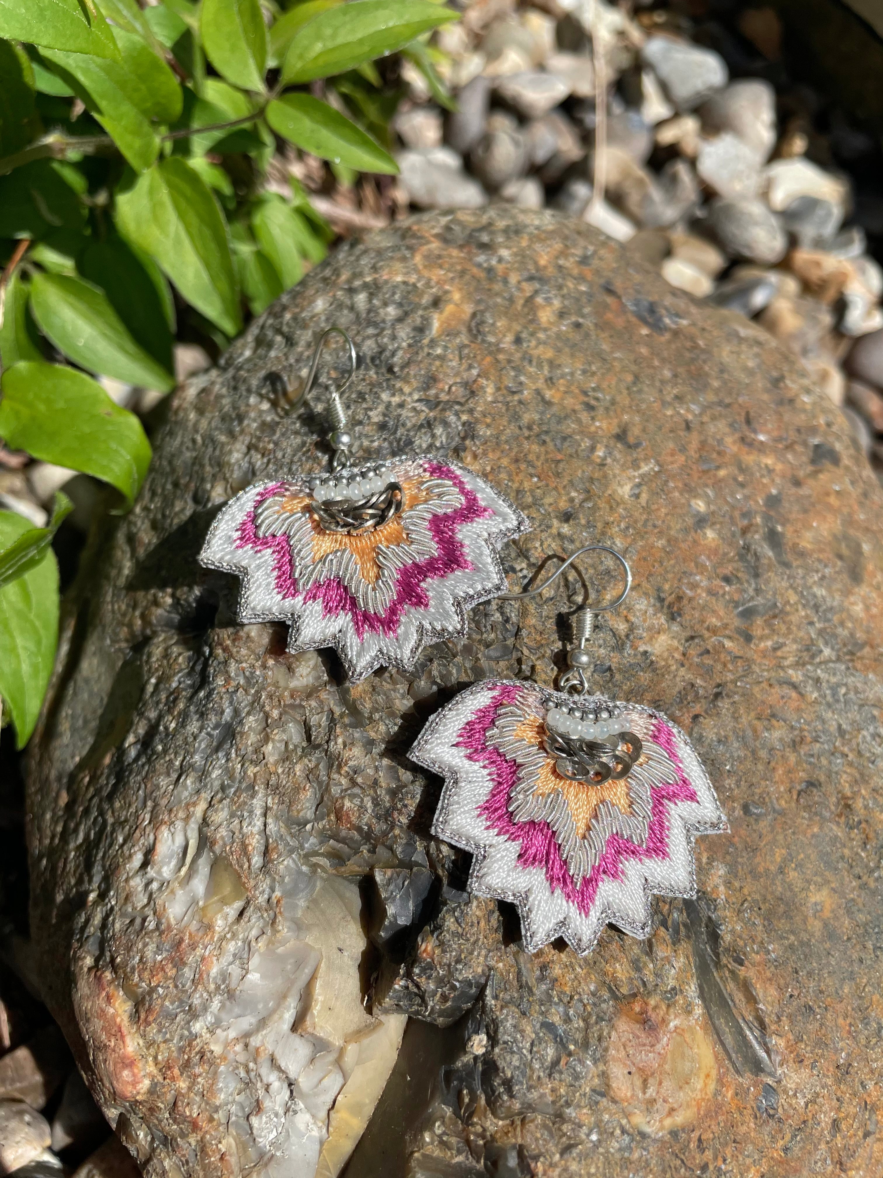 embroidered silver and pink earrings nahua madi earrings