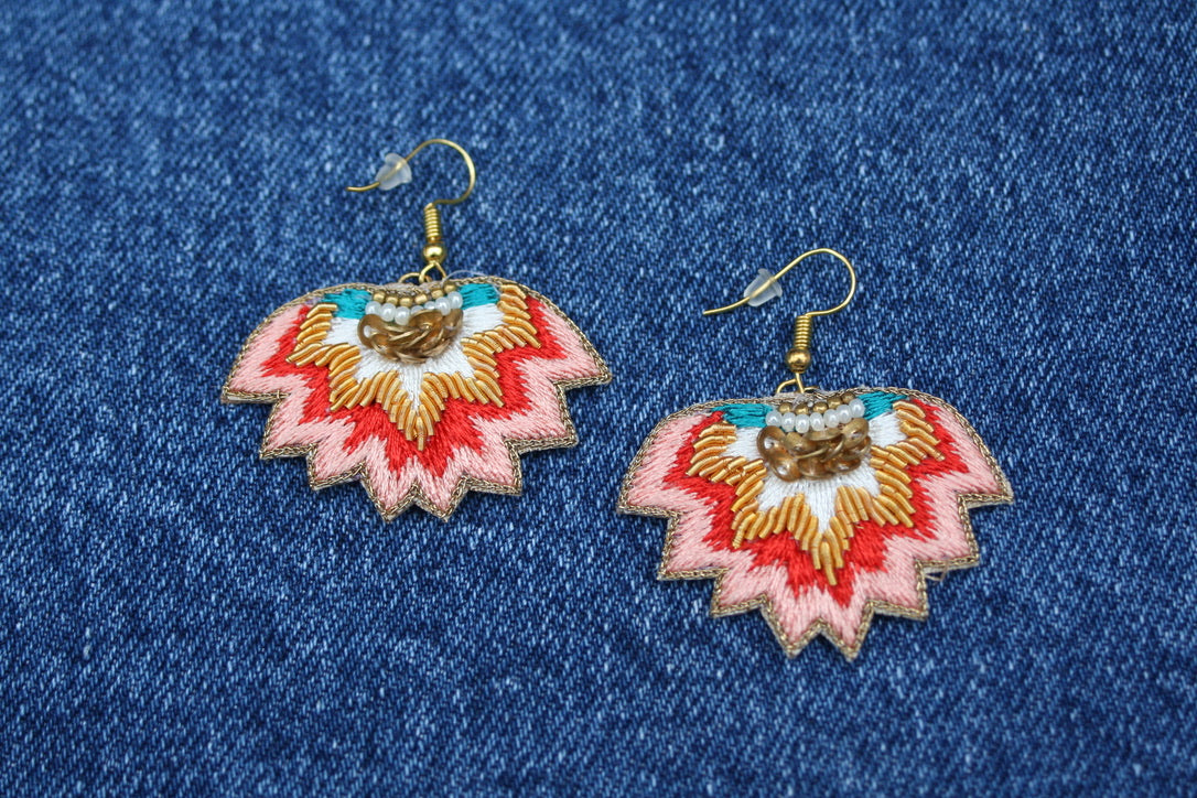 pink embroidered earrings nahua madi earrings mandarin green