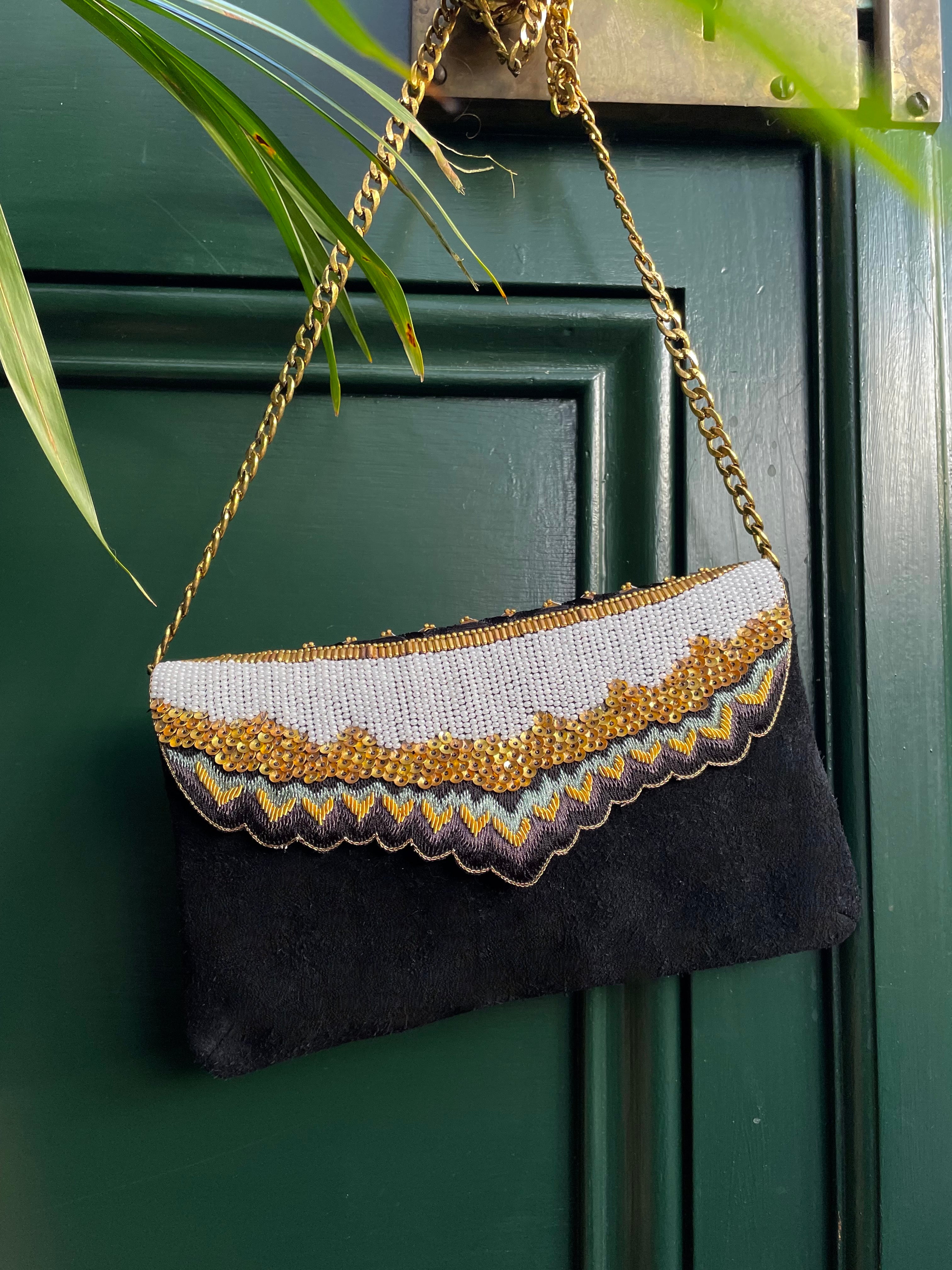 embroidered black suede clutch bag or cross body bag nahua mahes bag