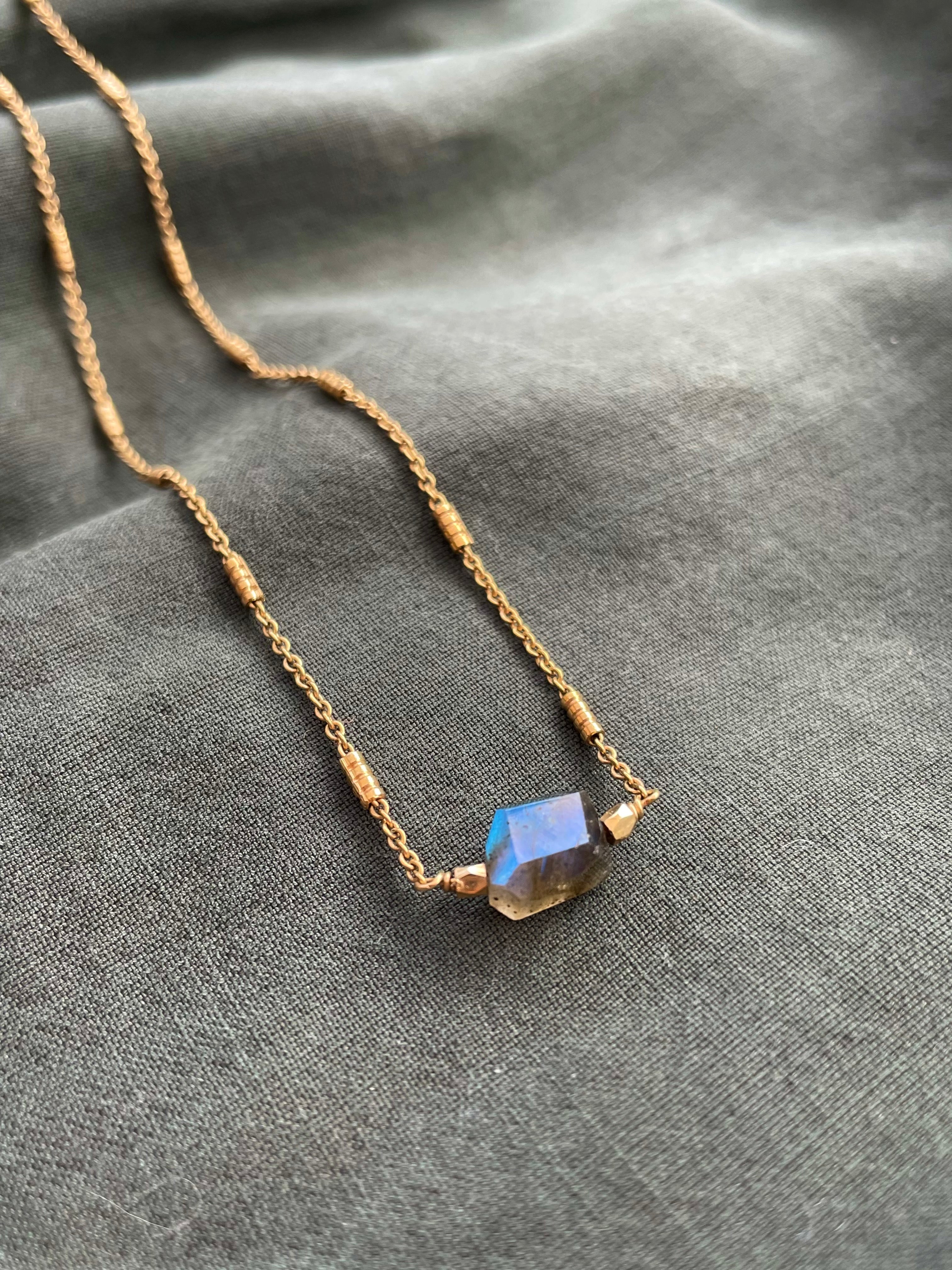 short gold plated necklace with labradorite semi precious stone