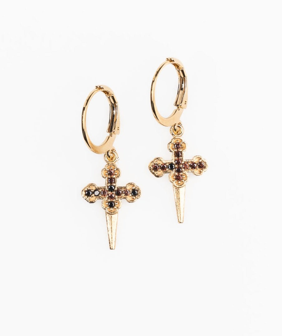 gold plated huggie earrings with brown cubic zirconia stone virginie berman